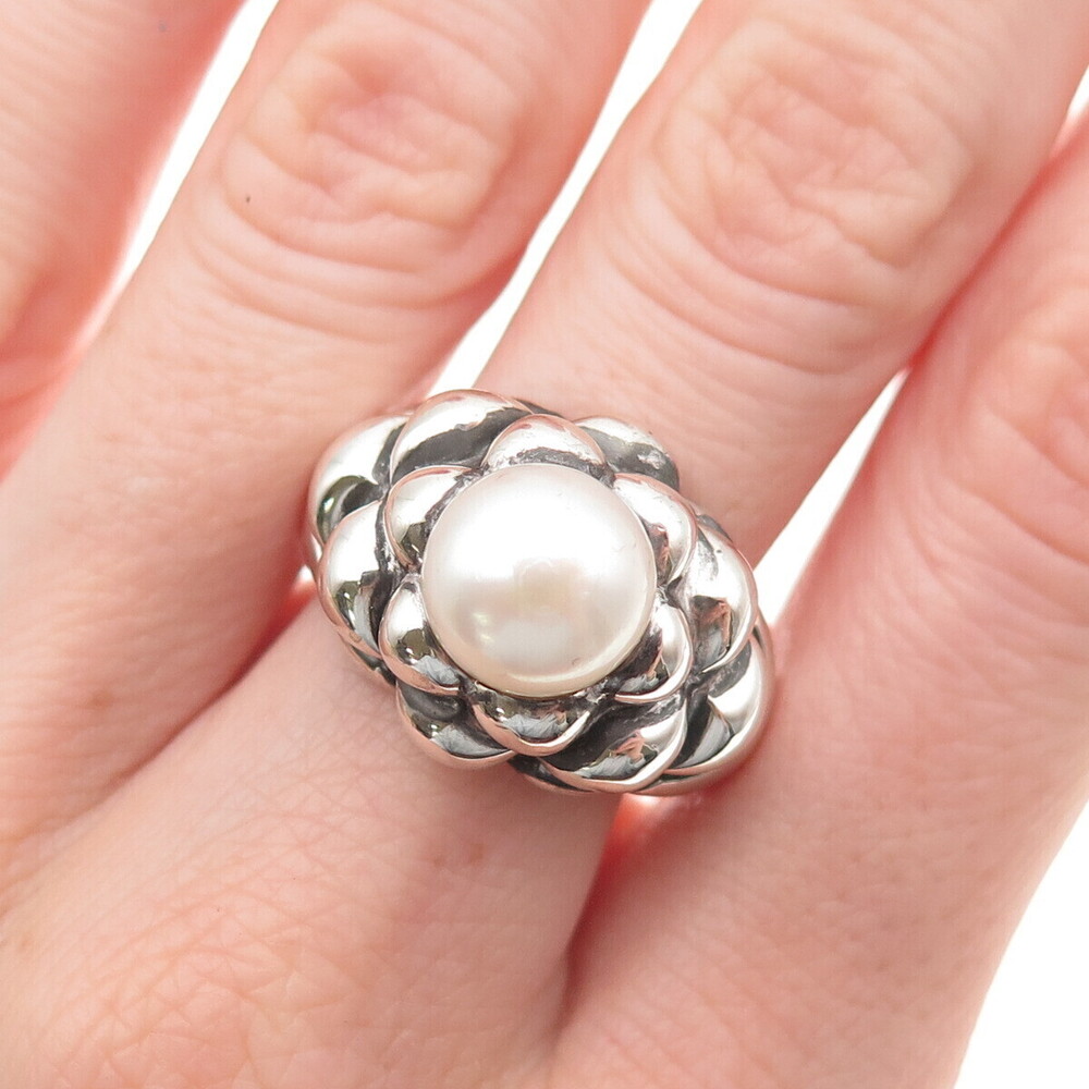 925 Sterling Silver Vintage Real Pearl Modernist Floral Oxidized Ring Size 9.25